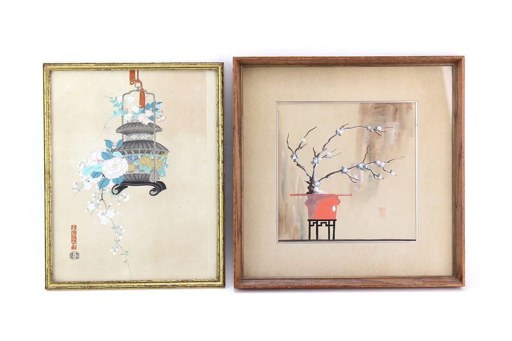 Lot 323: Framed Japanese Woodblock Print & Floral Painting