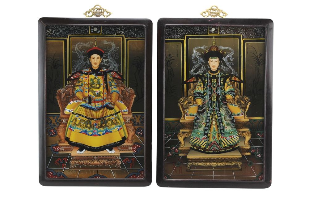 Lot 325: Pair Chinese Reverse Glass Portraits
