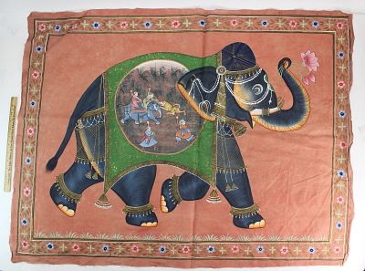 South Asian Silk Painting of Decorated Elephant. Large South Asian silk painting of a richly 
