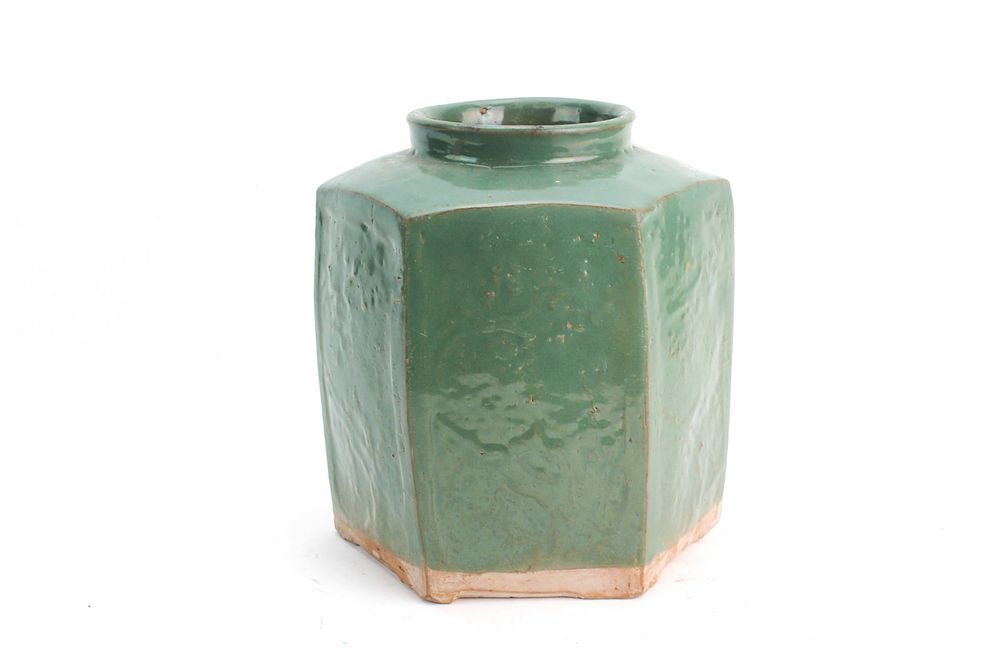 Lot 344: Chinese Green-Glazed Porcelain Hex Jar