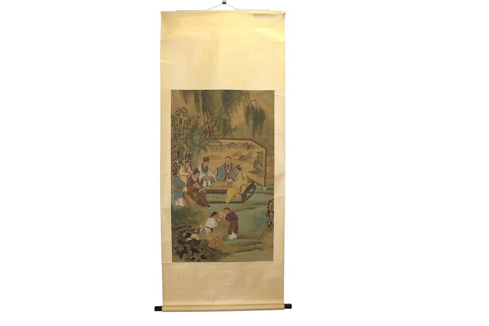 Lot 355: Chinese Scholar Scene Silk Scroll Painting