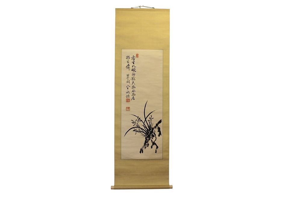 Lot 360: Chinese Calligraphy & Orchid Painting Scroll