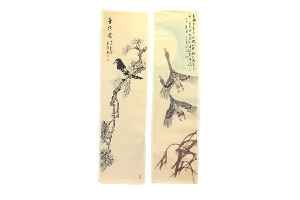 Lot 361: Pair of Chinese Bird & Landscape Painting Scrolls