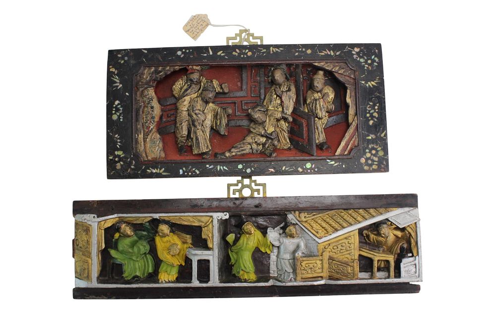 Lot 364: Pair of Chinese Polychrome Wood Carved Panels