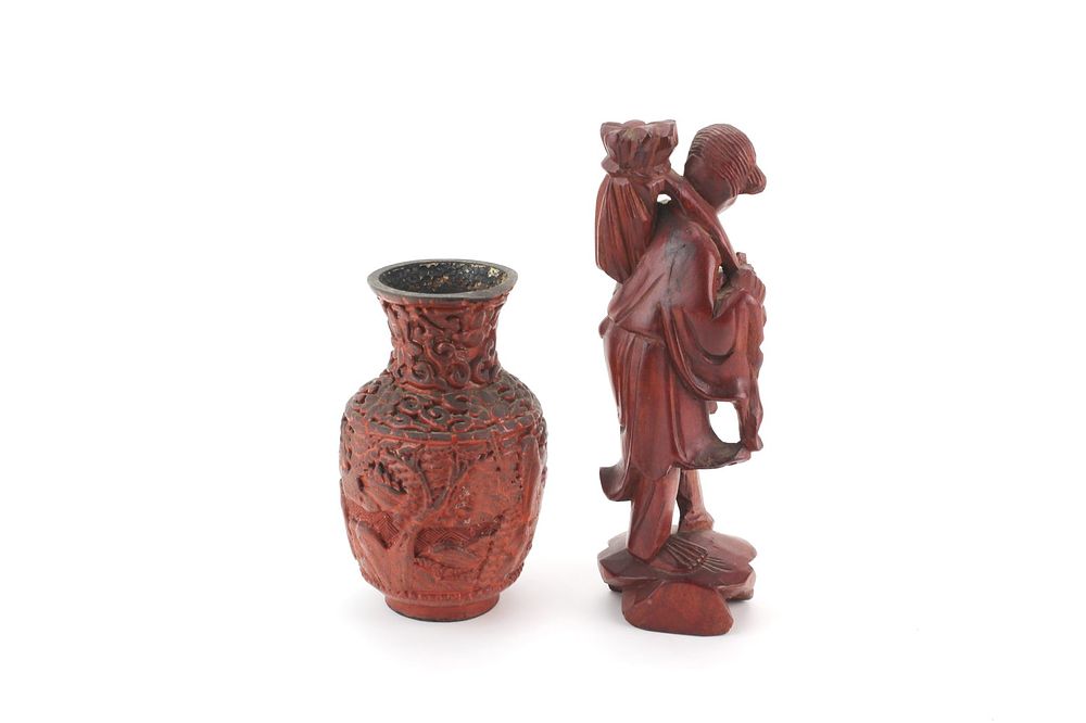 Lot 368: Chinese Cinnabar Vase & Wood Carved Figure