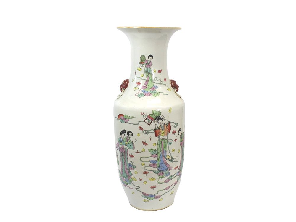 Lot 371: Famille Rose Vase with Ladies and Calligraphy
