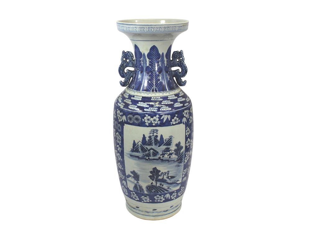 Lot 372: Blue and White Porcelain Vase with Landscape Scene