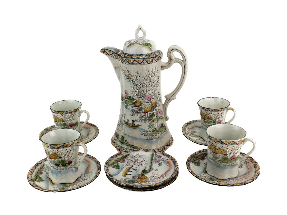 Lot 378: Japanese Porcelain Tea Set with Scenic Design