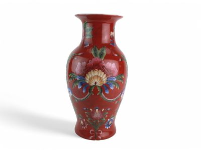 Chinese Red-Ground Famille Rose Floral Vase. A vividly colored Chinese porcelain vase with a 