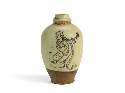 Chinese Celadon Vase with Musician Motif. Chinese celadon-glazed porcelain vase depicting a 