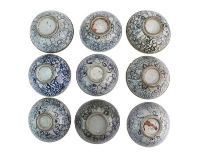 Nine Chinese Blue & White Porcelain Bowls. A group of nine antique blue-and-white bowls with 