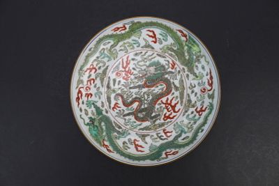 Chinese Famille Verte Dragon Low Bowl. Chinese famille verte porcelain low bowl with dragon 