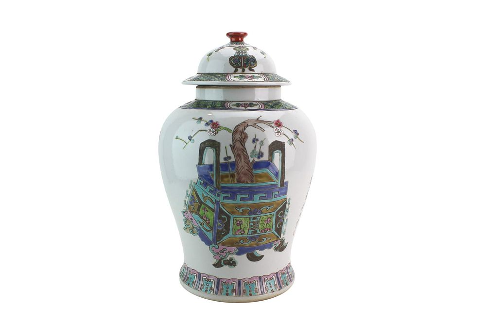 Lot 423: Chinese Large Famille Rose Lidded Jar