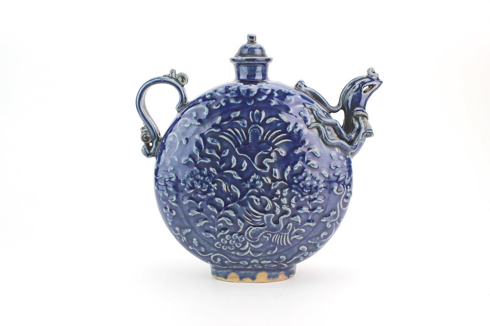 Lot 425: Chinese Blue Glazed Phoenix Moon Flask