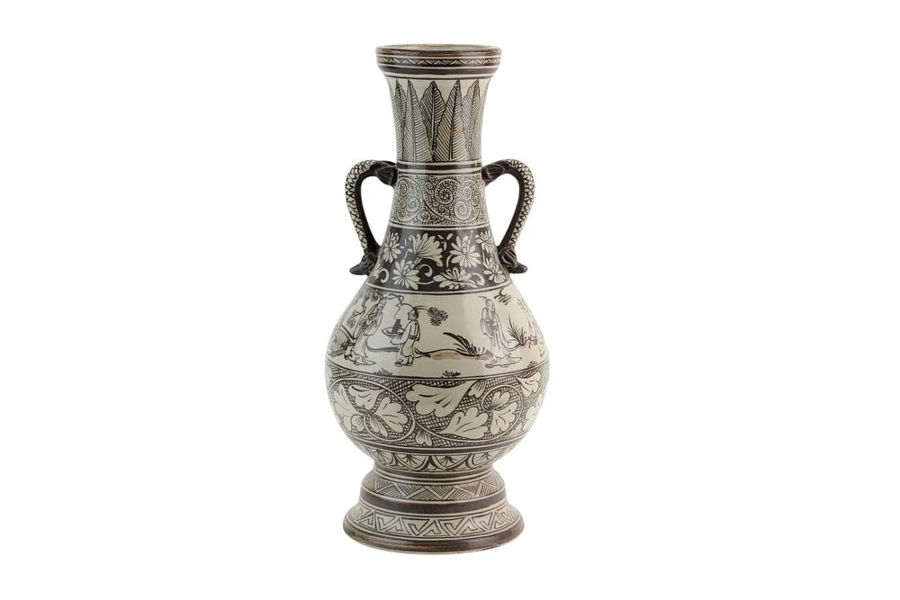 Lot 426: Chinese B/W Figural Double Handle Vase