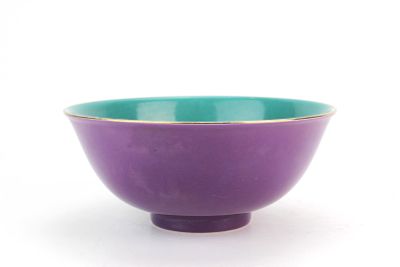 Chinese Purple Glaze Porcelain Bowl. Chinese porcelain bowl with rich purple exterior glaze and 