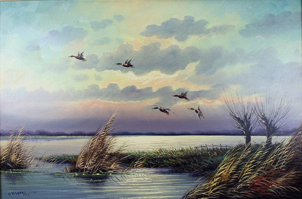 Lot 493: H. Mertens. Sunset Marshland with Flying Duck. O/C