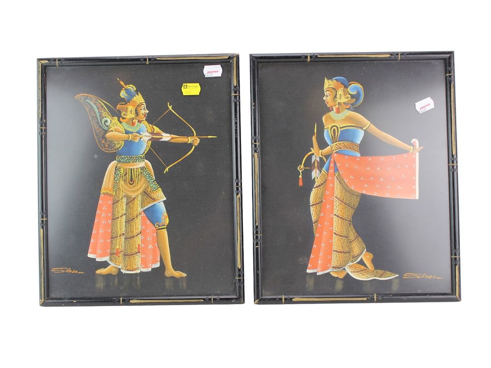 Lot 548: Pair of Acrylic Paintings of South Asian Figurines