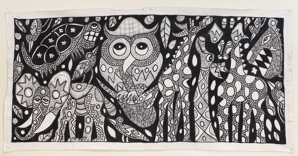 Lot 579: A B/W Painting on Cloth-Jungle Owl & Animal Totem