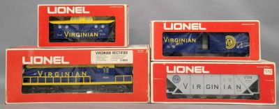 Lionel O gauge 8659 Virginian Rectifier with two cars and caboose in original boxes. Includes 
