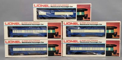 Five Lionel O gauge Blue Comet Passenger car set in original boxes. Group includes 9536 baggage 