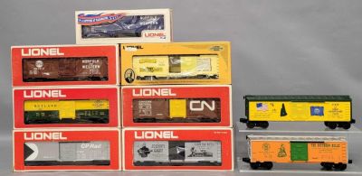 Nine Lionel O gauge mixed group of Cars in original boxes. Includes 9434 Joshua Lionel Cowen 