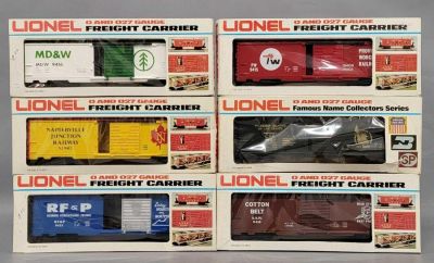 Six Lionel O gauge mixed box cars in original boxes. Includes 9412 Richmond, Fredericksburg 