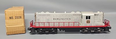 Lionel Postwar O 2328 Burlington GP-7 Diesel Locomotive in Original Box. Unit shows heavy run 