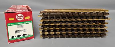 Box of LGB G Gauge Straight Track Sections 12 x 1000. The tracks feature brass rails and 