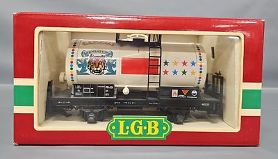 LGB G Gauge 4040 EC Circus Tank Car in Original Box, features a white tank with circus-themed 
