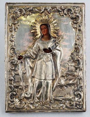 Икона "Святая Великомученница Варвара" в серебряном окладе в стиле рококо. Россия, 1848 г. Дерев 