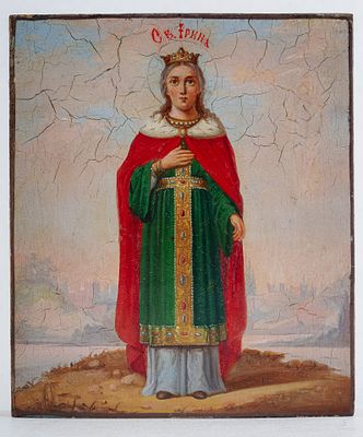 Икона "Святая Ирина". Россия, вт. пол. XIX века. Дерево, масло. 13,5х11,5 см. Киот: 22х20х5 см. 