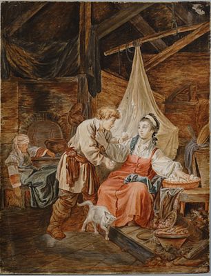 Лепренс, Жан-Батист (?). Бытовая сцена. 1758-1762. Бумага на дереве, темпера, карандаш. 41х32 