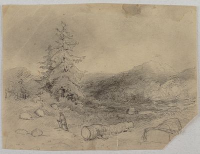 Калам Александр. Пейзаж. Сер. XIX в. Бумага, карандаш. 20,2х27 см. На обороте зарисовка дерева 