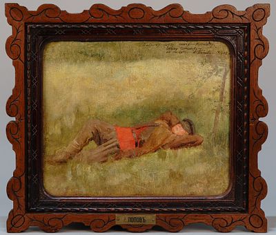 Попов Александр Андреевич. Отдыхающий пастушок. 1912. Холст, масло. 24,5х29,8 см. В оригинальной 