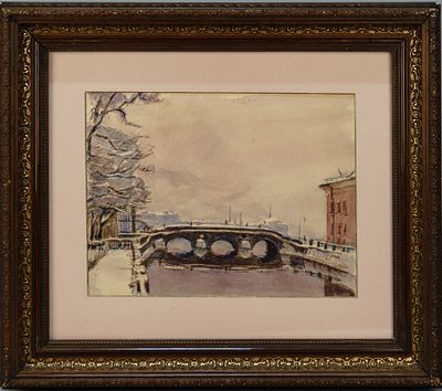 Гринберг Владимир Ариевич (?). Фонтанка. 1932. Бумага на картоне, акварель, карандаш цветной. В 