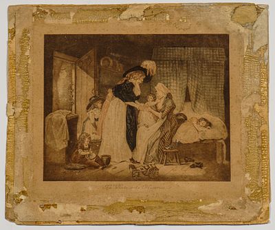 Гравюра "Визит к кормилице". Вт. пол. XIX в. Гравюра Меццо-тинто. 22&times;27,5 см. Вдоль нижнего 