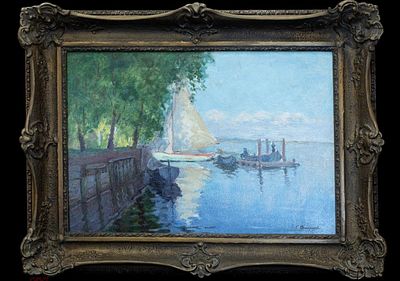 Виноградов Сергей (?). Причал. Нач. XX в. Фанера, масло. 35&times;50 см. В раме: 50&times;64 см. Подпись 