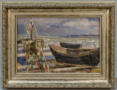 Веселова Нина Леонидовна. Рыбацкая лодка. 1950-е. Холст, масло. 19&times;27 см. В раме:28,3х36,4 см. 