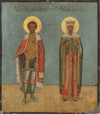 Икона на цинке. Александр Невский и Великомученица Варвара. Россия, XIX в. Цинк, темпера. 32 