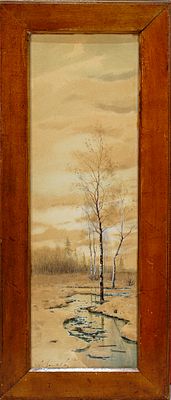 Волков Федор. Весенний пейзаж. Кон. XIX века. Картон, акварель. 46х15,5 см. В раме под стеклом: 