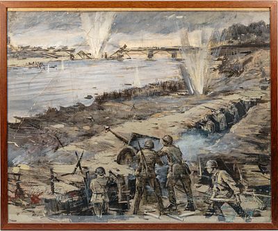 Эскиз к панно &laquo;Лужский рубеж. Июль 1941 г&raquo;. 1945. Оргалит, гуашь. 61,5х75 см. В раме под 