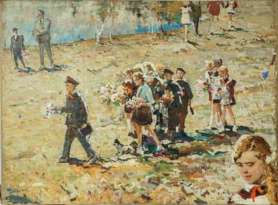 Невельштейн Самуил Григорьевич. "Первый звонок". 1970-е. Холст, масло. 70х93 см. Без подписи. 