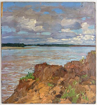 Гужавин Михаил Маркелович. Пейзаж. 1927. Дерево, масло. 24х24 см. На обороте дарственная: 