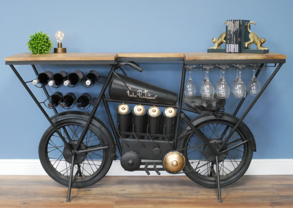 MOTORBIKE THEMED BAR TOP / COUNTER WITH WINE RACK AND GLASS HANGERS *PLUS VAT*. MC - MOTORBIKE 