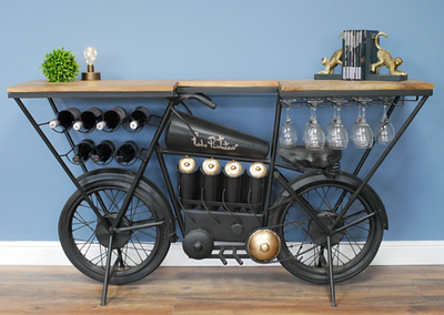 MOTORBIKE THEMED BAR TOP / COUNTER WITH WINE RACK AND GLASS HANGERS *PLUS VAT*. MC - MOTORBIKE