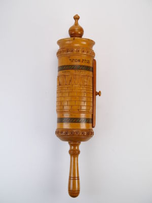Scroll of Esther, Jerusalem olivewood case. the scroll is inside a Jerusalem olivewood case. 