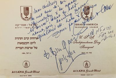 David Ben Gurion - a Signature on a Dinner Menu. an English and Hebrew Signature of David Ben 