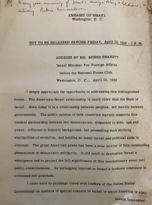Moshe Sharett - a Corrected Speech Given in Washington 1953. a Speech given by Sharett 