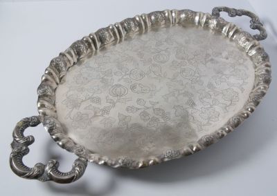 Austrian silver tray, mid 19th cen. Silver 800, from 1854. Very good condition, flower 